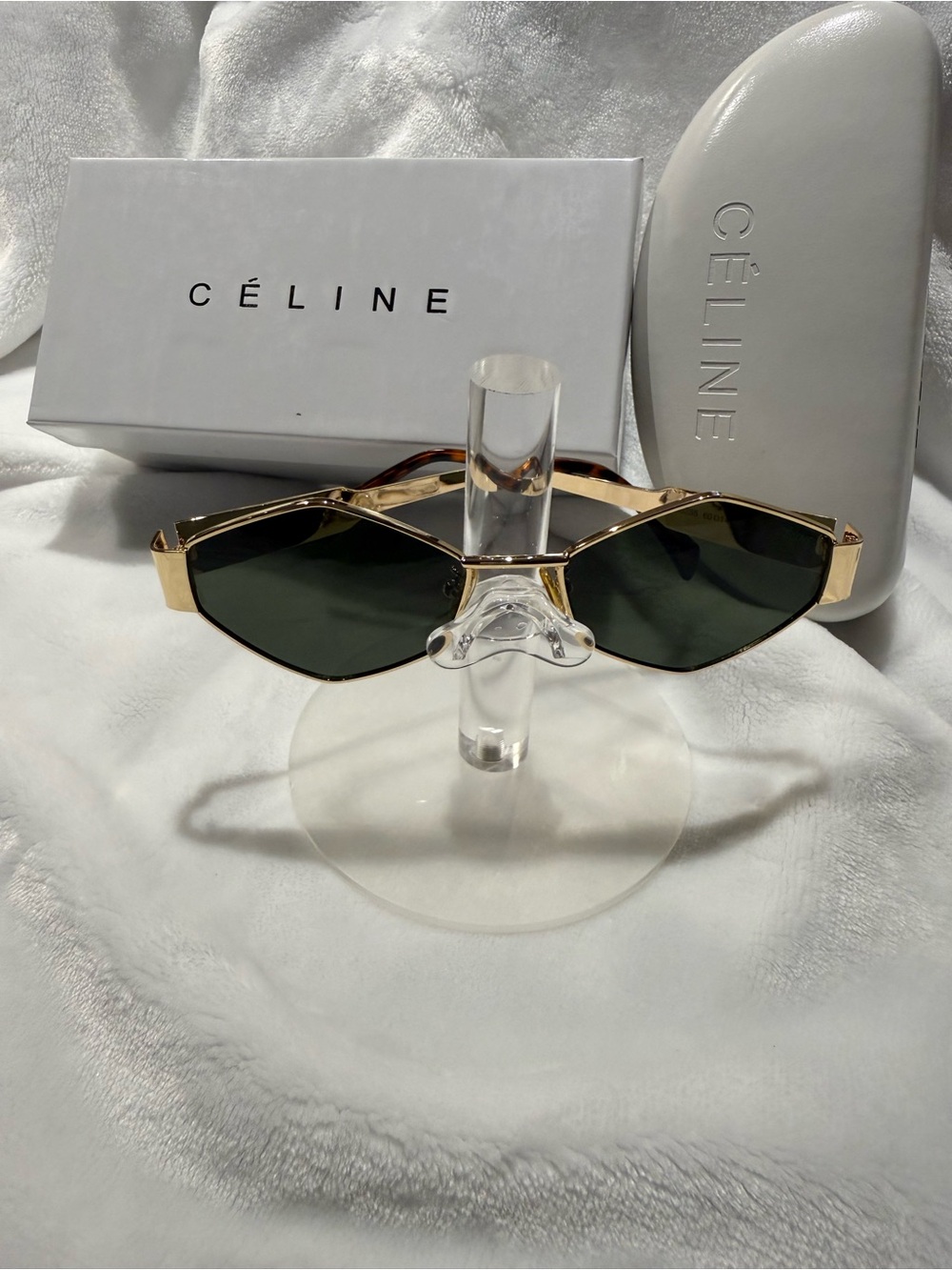 CELINE Gold Frame Sunglasses with Dark Green Lenses - Geometric Cat Eye